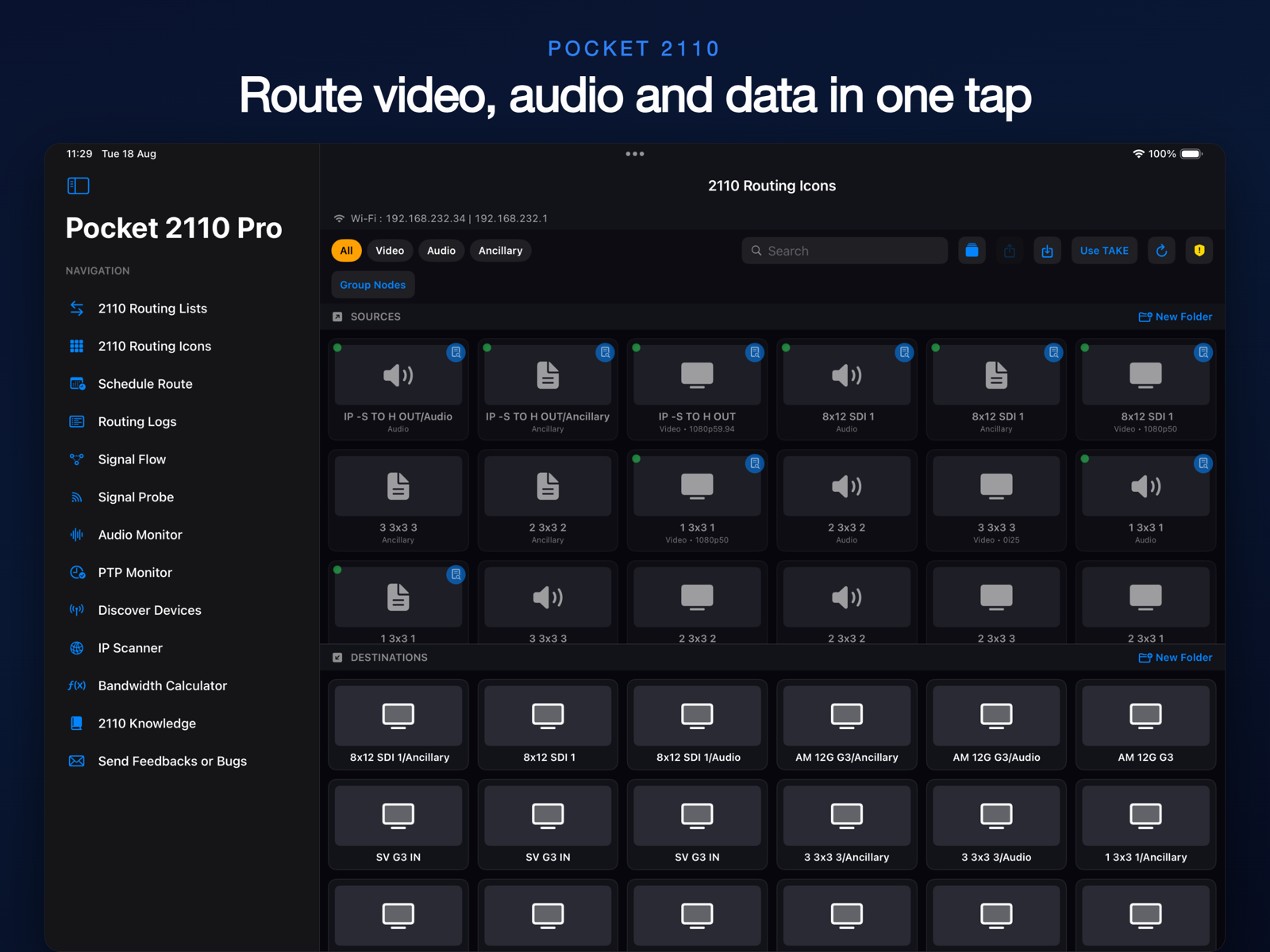 2110 routing icons grid with sources and destinations