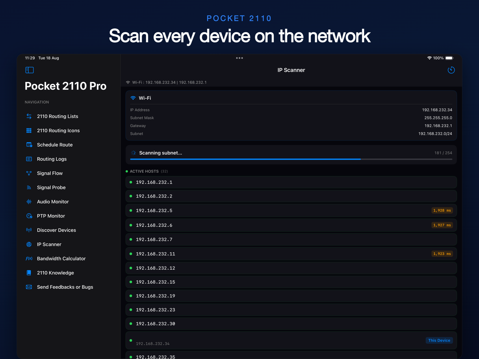 IP scanner listing active hosts on the subnet