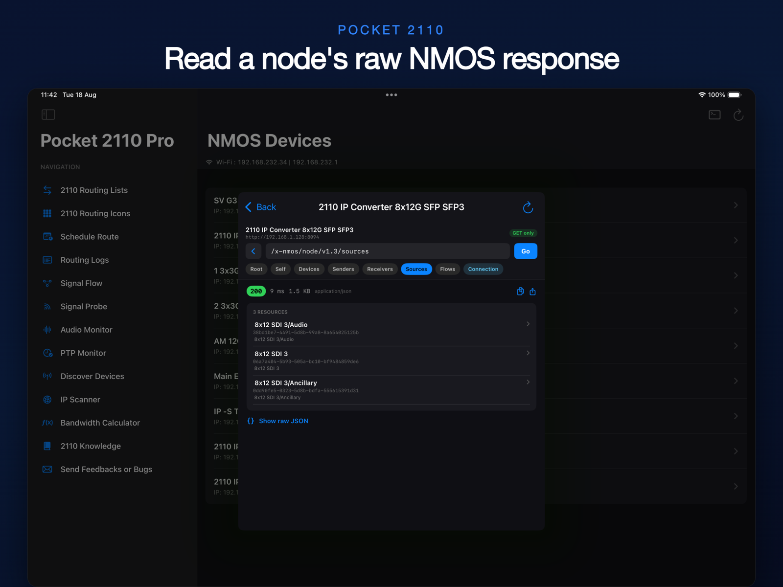 Raw NMOS JSON response in the API console